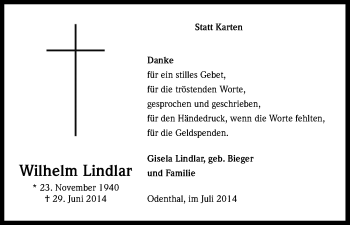 Anzeige von Wilhelm Lindlar von Kölner Stadt-Anzeiger / Kölnische Rundschau / Express