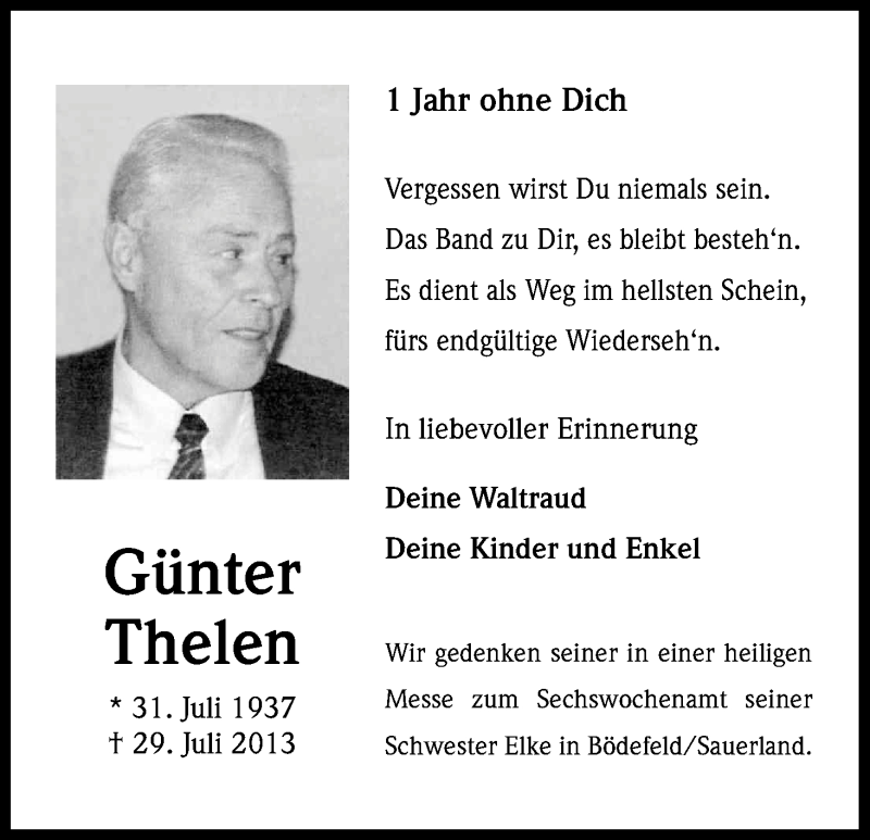  Traueranzeige für Günter Thelen vom 29.07.2014 aus Kölner Stadt-Anzeiger / Kölnische Rundschau / Express