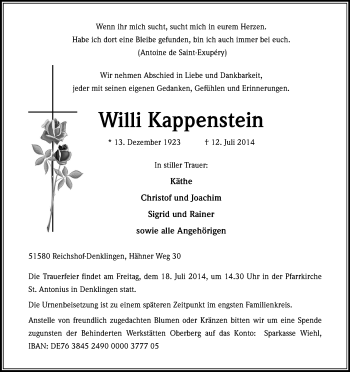 Anzeige von Willi Kappenstein von Kölner Stadt-Anzeiger / Kölnische Rundschau / Express
