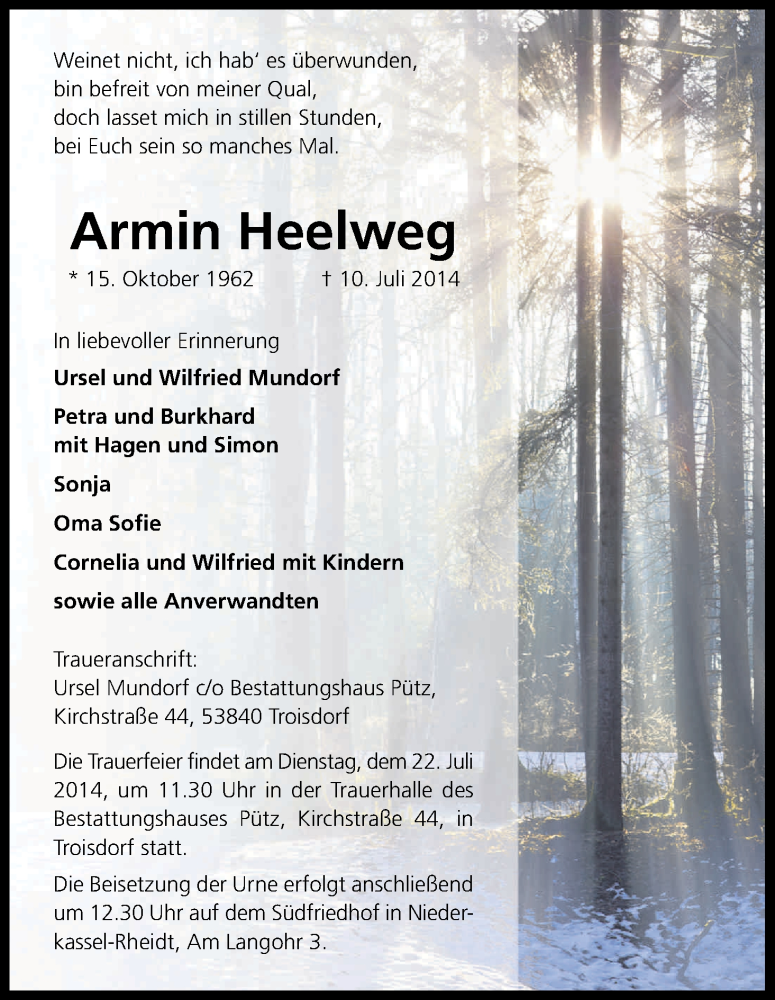  Traueranzeige für Armin Heelweg vom 16.07.2014 aus Kölner Stadt-Anzeiger / Kölnische Rundschau / Express
