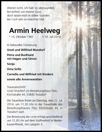 Anzeige von Armin Heelweg von Kölner Stadt-Anzeiger / Kölnische Rundschau / Express