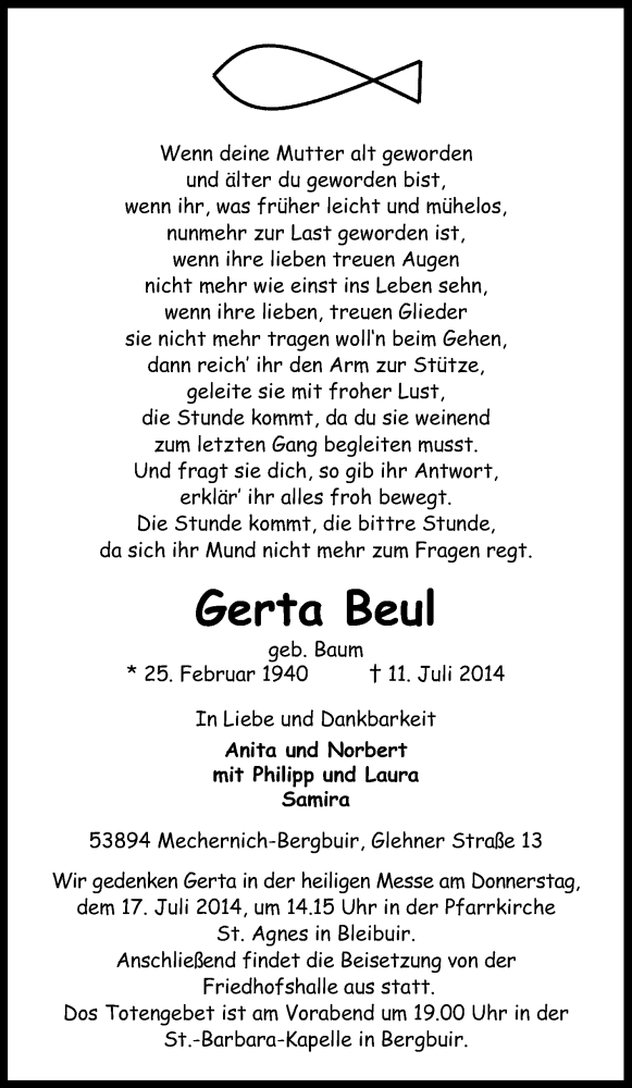  Traueranzeige für Gerta Beul vom 15.07.2014 aus Kölner Stadt-Anzeiger / Kölnische Rundschau / Express