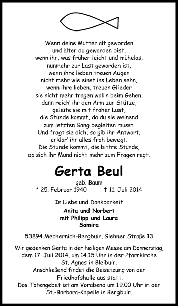 Anzeige von Gerta Beul von Kölner Stadt-Anzeiger / Kölnische Rundschau / Express