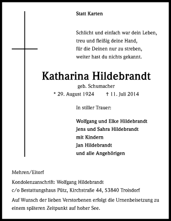 Anzeige von Katharina Hildebrandt von Kölner Stadt-Anzeiger / Kölnische Rundschau / Express
