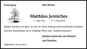 Anzeige von Matthäus Jenniches von Kölner Stadt-Anzeiger / Kölnische Rundschau / Express
