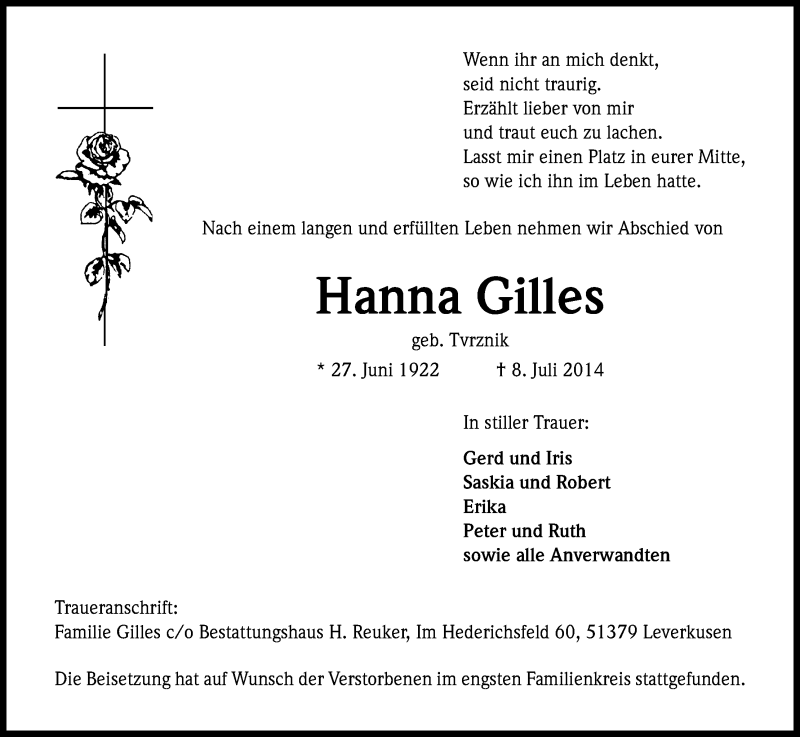  Traueranzeige für Hanna Gilles vom 16.07.2014 aus Kölner Stadt-Anzeiger / Kölnische Rundschau / Express