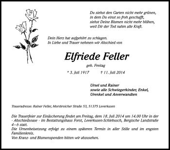 Anzeige von Elfriede Feiler von Kölner Stadt-Anzeiger / Kölnische Rundschau / Express