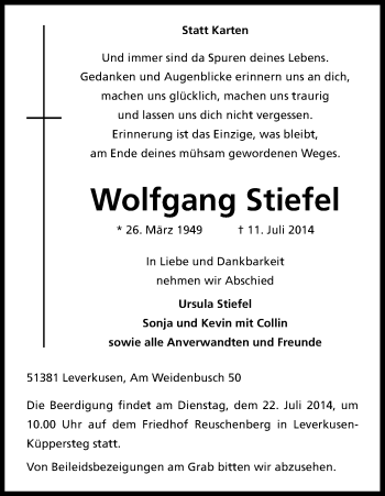 Anzeige von Wolfgang Stiefel von Kölner Stadt-Anzeiger / Kölnische Rundschau / Express