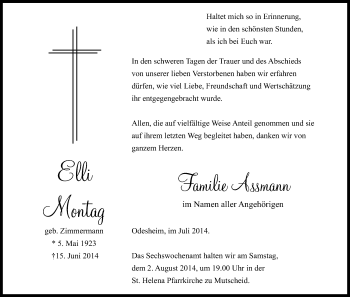 Anzeige von Elli Montag von Kölner Stadt-Anzeiger / Kölnische Rundschau / Express