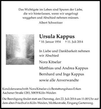 Anzeige von Ursula Kappus von Kölner Stadt-Anzeiger / Kölnische Rundschau / Express