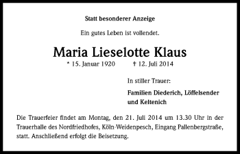 Anzeige von Maria Lieselotte Klaus von Kölner Stadt-Anzeiger / Kölnische Rundschau / Express