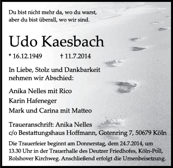 Anzeige von Udo Kaesbach von Kölner Stadt-Anzeiger / Kölnische Rundschau / Express