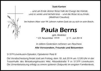 Anzeige von Paula Berns von Kölner Stadt-Anzeiger / Kölnische Rundschau / Express