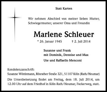 Anzeige von Marlene Schleuer von Kölner Stadt-Anzeiger / Kölnische Rundschau / Express