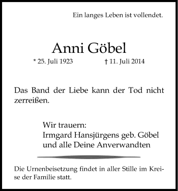 Anzeige von Anni Göbel von Kölner Stadt-Anzeiger / Kölnische Rundschau / Express