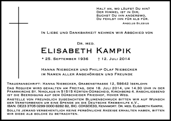 Anzeige von Elisabeth Kampik von Kölner Stadt-Anzeiger / Kölnische Rundschau / Express