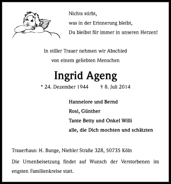 Anzeige von Ingrid Ageng von Kölner Stadt-Anzeiger / Kölnische Rundschau / Express