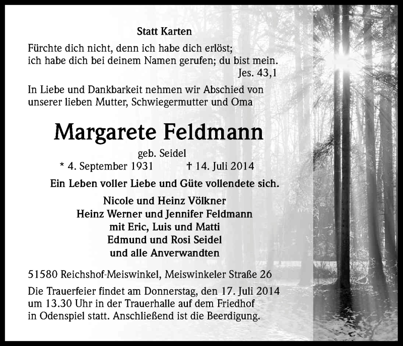  Traueranzeige für Margarete Feldmann vom 16.07.2014 aus Kölner Stadt-Anzeiger / Kölnische Rundschau / Express