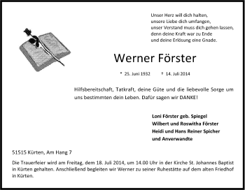 Anzeige von Werner Förster von Kölner Stadt-Anzeiger / Kölnische Rundschau / Express