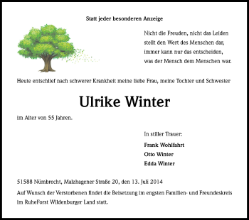 Anzeige von Ulrike Winter von Kölner Stadt-Anzeiger / Kölnische Rundschau / Express