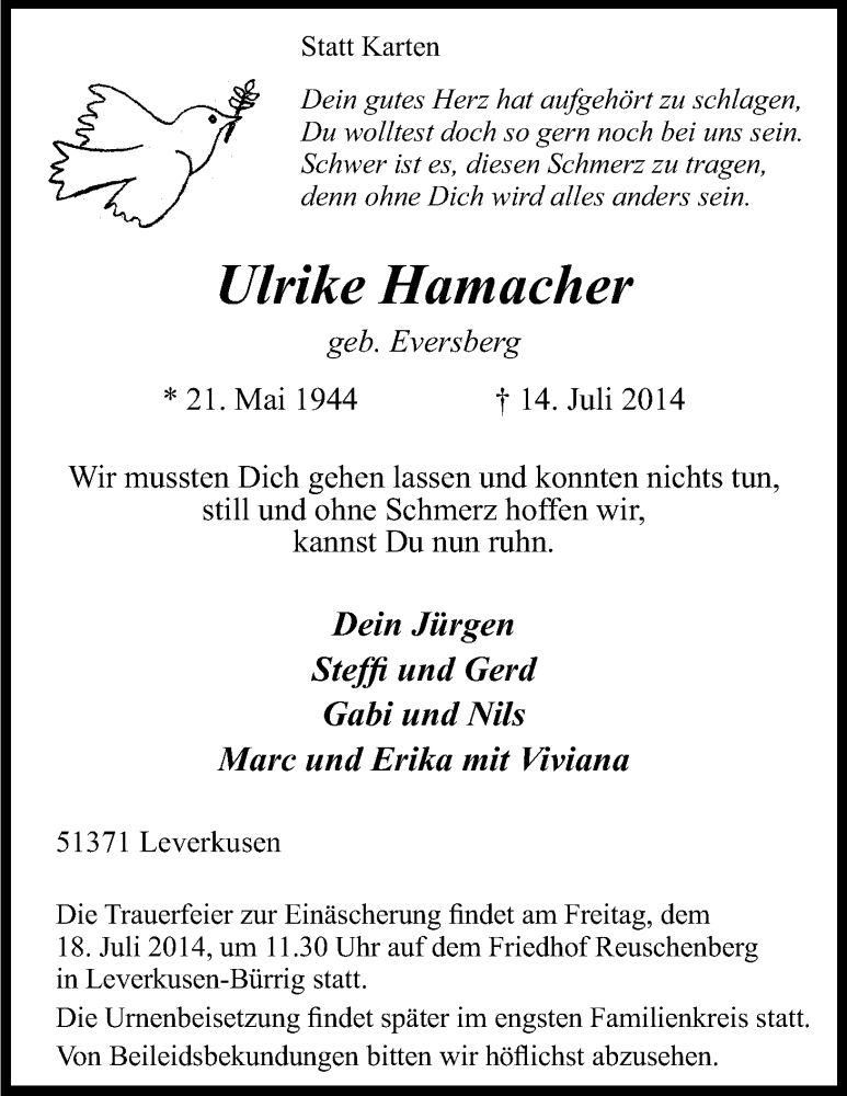  Traueranzeige für Ulrike Hamacher vom 16.07.2014 aus Kölner Stadt-Anzeiger / Kölnische Rundschau / Express