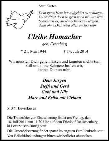 Anzeige von Ulrike Hamacher von Kölner Stadt-Anzeiger / Kölnische Rundschau / Express