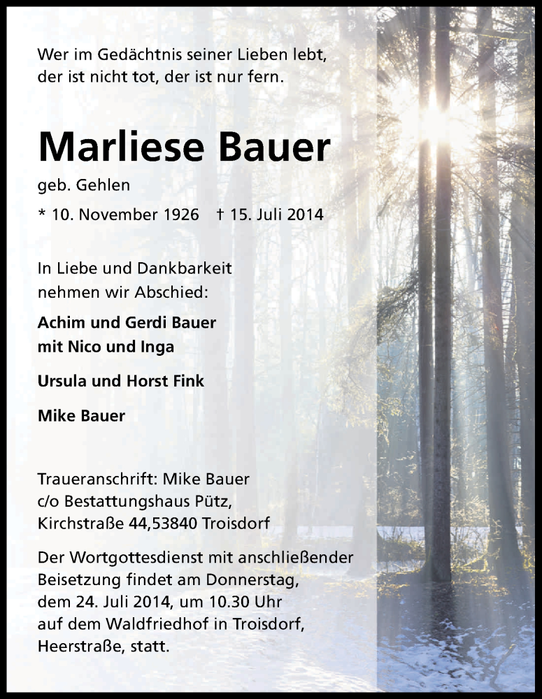  Traueranzeige für Marliese Bauer vom 16.07.2014 aus Kölner Stadt-Anzeiger / Kölnische Rundschau / Express