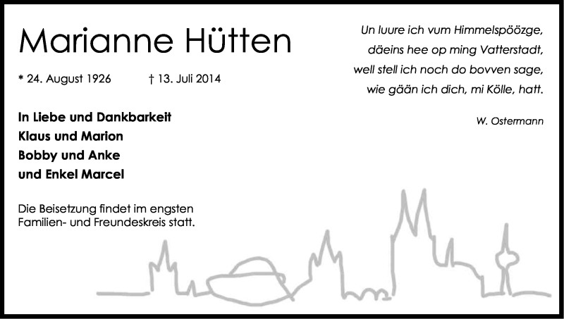  Traueranzeige für Marianne Hütten vom 16.07.2014 aus Kölner Stadt-Anzeiger / Kölnische Rundschau / Express