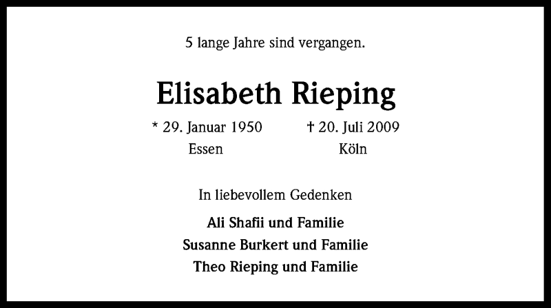  Traueranzeige für Elisabeth Rieping vom 21.07.2014 aus Kölner Stadt-Anzeiger / Kölnische Rundschau / Express