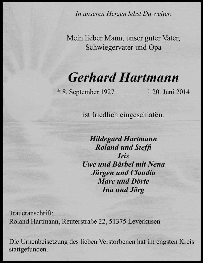  Traueranzeige für Gerhard Hartmann vom 19.07.2014 aus Kölner Stadt-Anzeiger / Kölnische Rundschau / Express