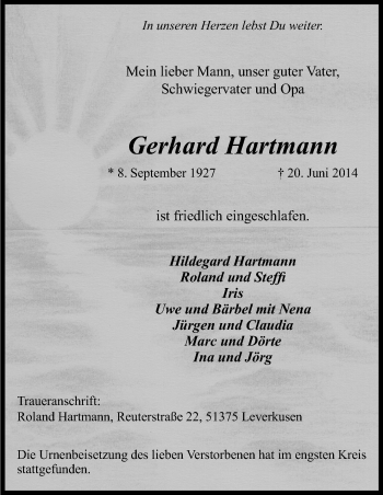 Anzeige von Gerhard Hartmann von Kölner Stadt-Anzeiger / Kölnische Rundschau / Express
