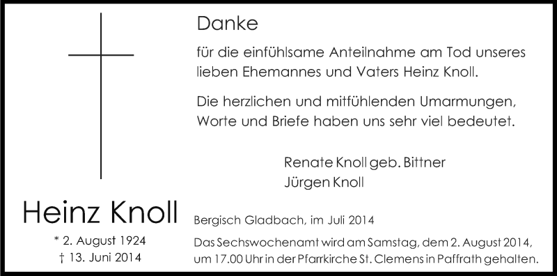  Traueranzeige für Heinz Knoll vom 19.07.2014 aus Kölner Stadt-Anzeiger / Kölnische Rundschau / Express