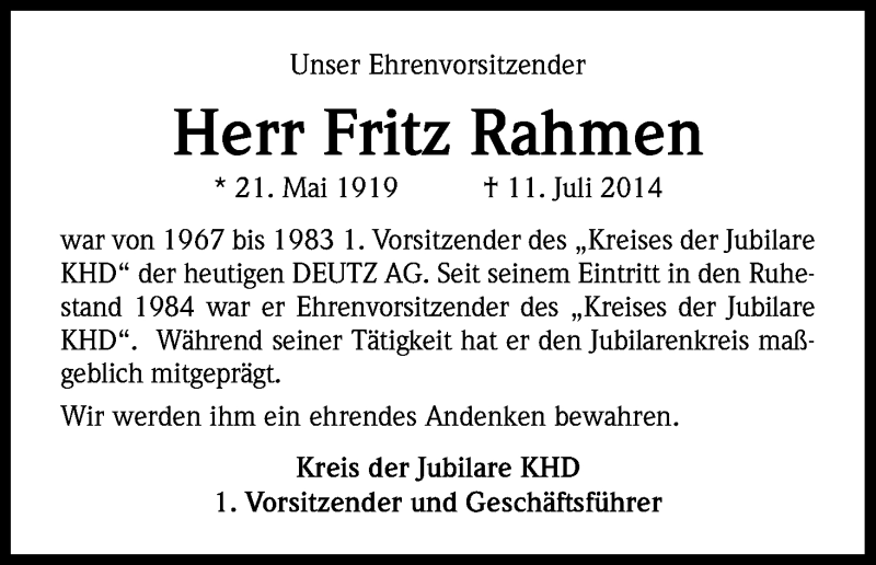  Traueranzeige für Fritz Rahmen vom 17.07.2014 aus Kölner Stadt-Anzeiger / Kölnische Rundschau / Express
