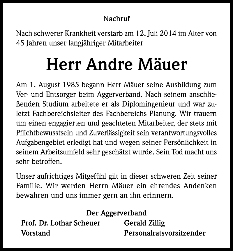  Traueranzeige für Andre Mäuer vom 16.07.2014 aus Kölner Stadt-Anzeiger / Kölnische Rundschau / Express