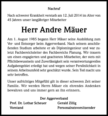 Anzeige von Andre Mäuer von Kölner Stadt-Anzeiger / Kölnische Rundschau / Express