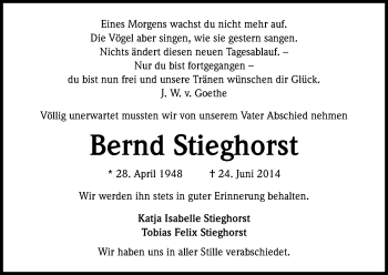 Anzeige von Bernd Stieghorst von Kölner Stadt-Anzeiger / Kölnische Rundschau / Express