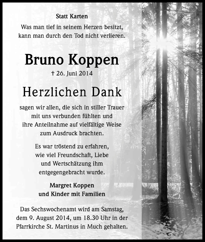  Traueranzeige für Bruno Koppen vom 26.07.2014 aus Kölner Stadt-Anzeiger / Kölnische Rundschau / Express