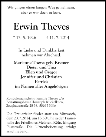 Anzeige von Erwin Theves von Kölner Stadt-Anzeiger / Kölnische Rundschau / Express