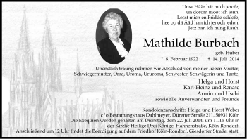 Anzeige von Mathilde Burbach von Kölner Stadt-Anzeiger / Kölnische Rundschau / Express