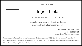 Anzeige von Inge Thiele von Kölner Stadt-Anzeiger / Kölnische Rundschau / Express