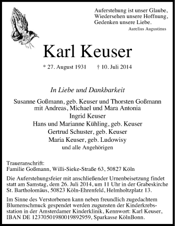 Anzeige von Karl Keuser von Kölner Stadt-Anzeiger / Kölnische Rundschau / Express
