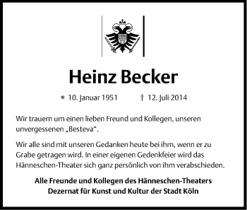 Anzeige von Heinz Becker von Kölner Stadt-Anzeiger / Kölnische Rundschau / Express