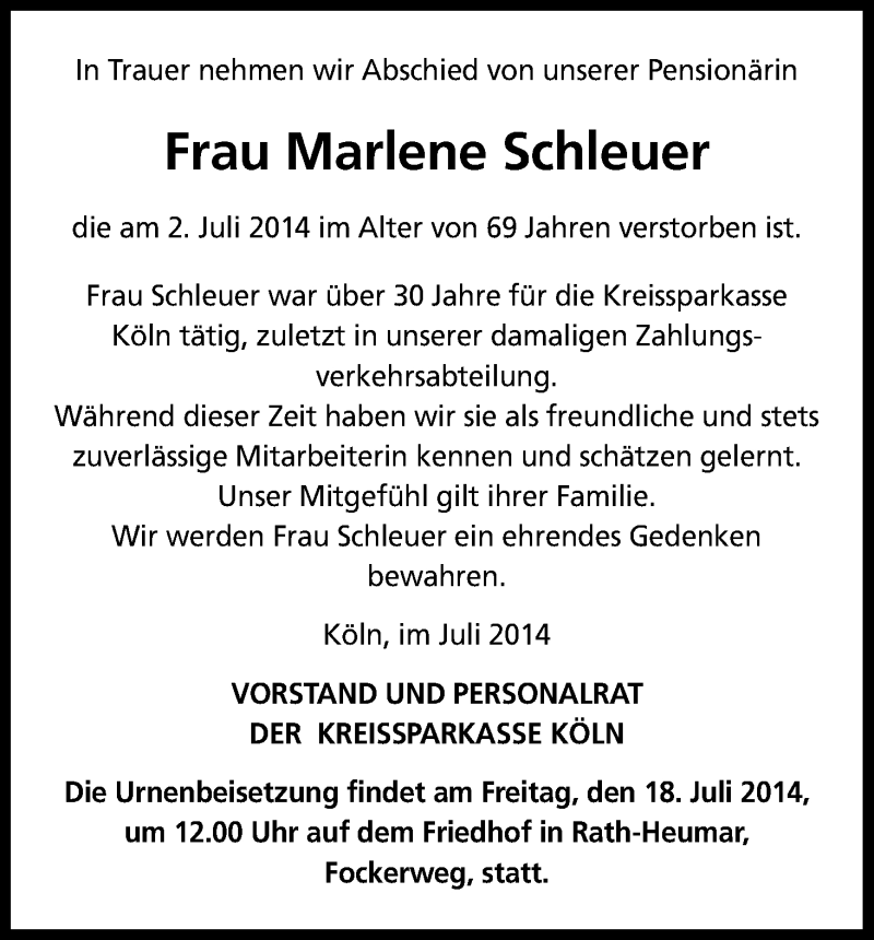  Traueranzeige für Marlene Schleuer vom 18.07.2014 aus Kölner Stadt-Anzeiger / Kölnische Rundschau / Express
