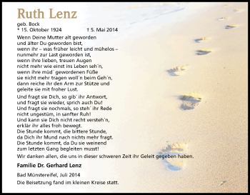 Anzeige von Ruth Lenz von Kölner Stadt-Anzeiger / Kölnische Rundschau / Express