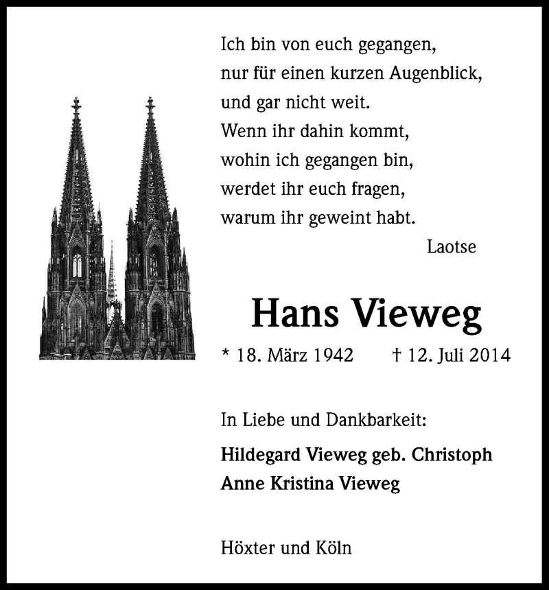 Traueranzeige für Hans Vieweg vom 19.07.2014 aus Kölner Stadt-Anzeiger / Kölnische Rundschau / Express