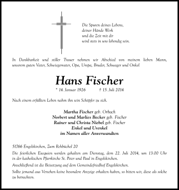 Anzeige von Hans Fischer von Kölner Stadt-Anzeiger / Kölnische Rundschau / Express