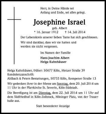 Anzeige von Josephine Israel von Kölner Stadt-Anzeiger / Kölnische Rundschau / Express