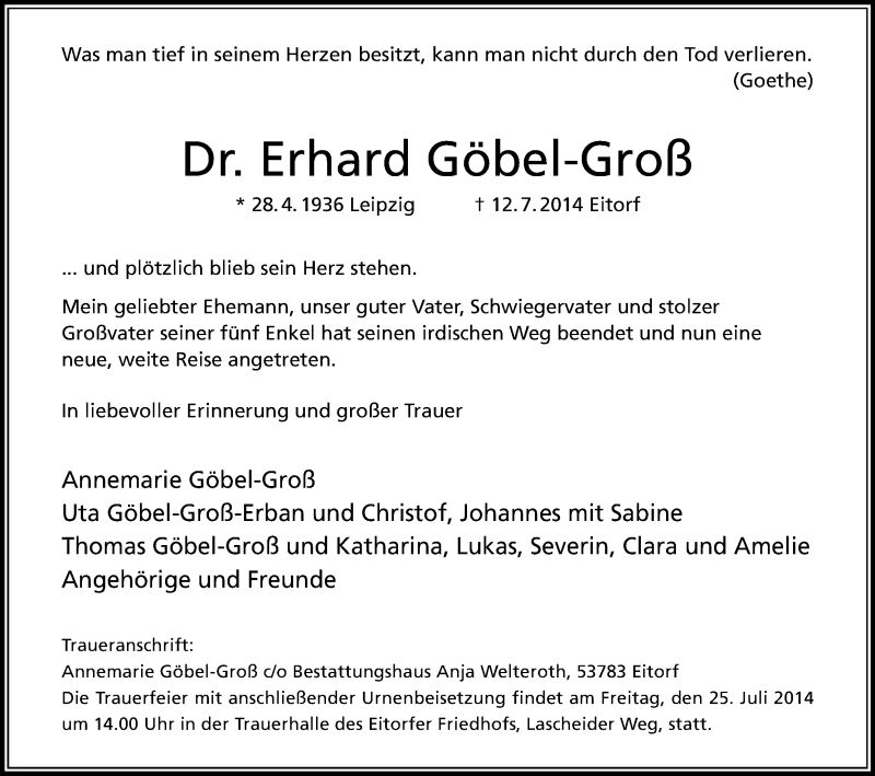  Traueranzeige für Erhard Göbel-Groß vom 19.07.2014 aus Kölner Stadt-Anzeiger / Kölnische Rundschau / Express