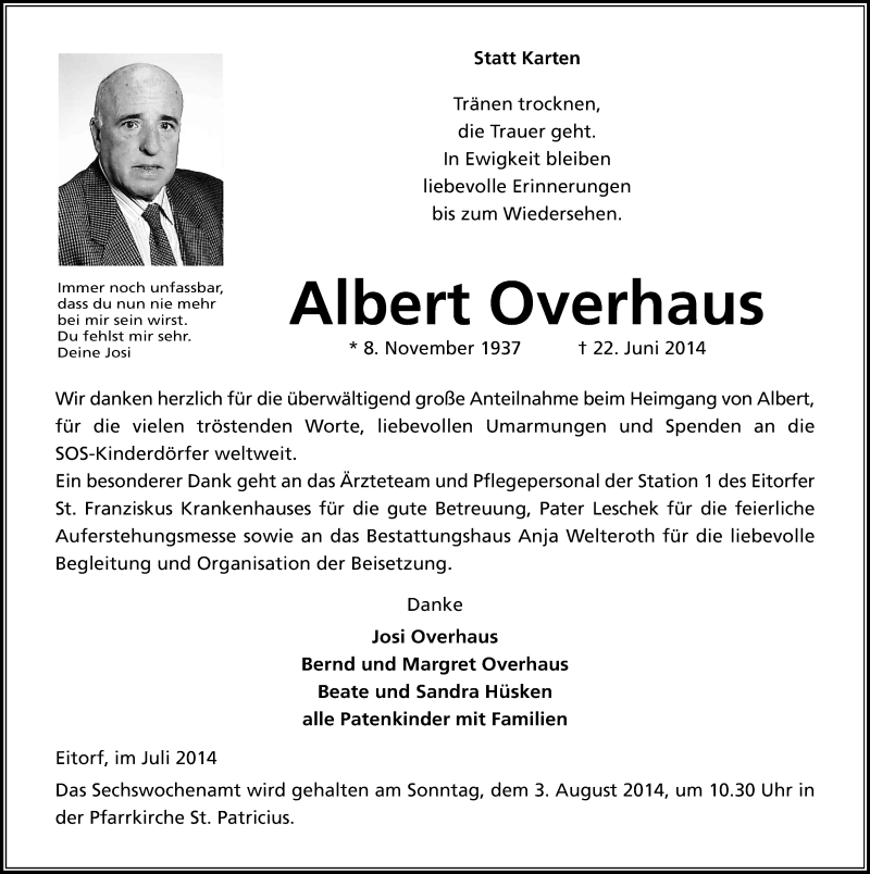  Traueranzeige für Albert Overhaus vom 19.07.2014 aus Kölner Stadt-Anzeiger / Kölnische Rundschau / Express