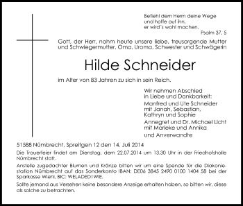 Anzeige von Hilde Schneider von Kölner Stadt-Anzeiger / Kölnische Rundschau / Express
